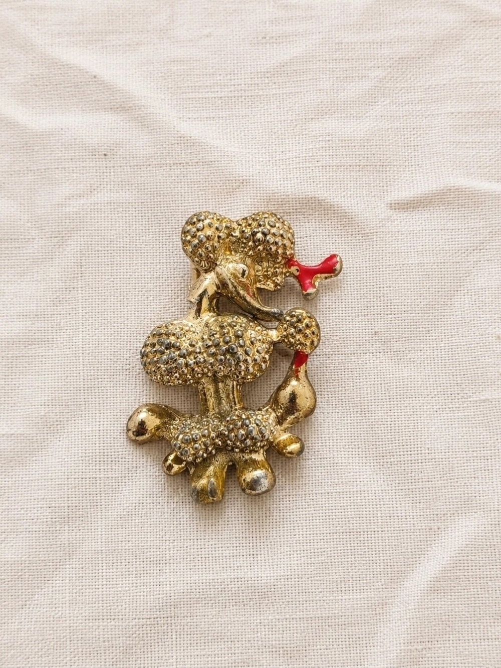 Gold Poodle Brooch Pin with Red Accent